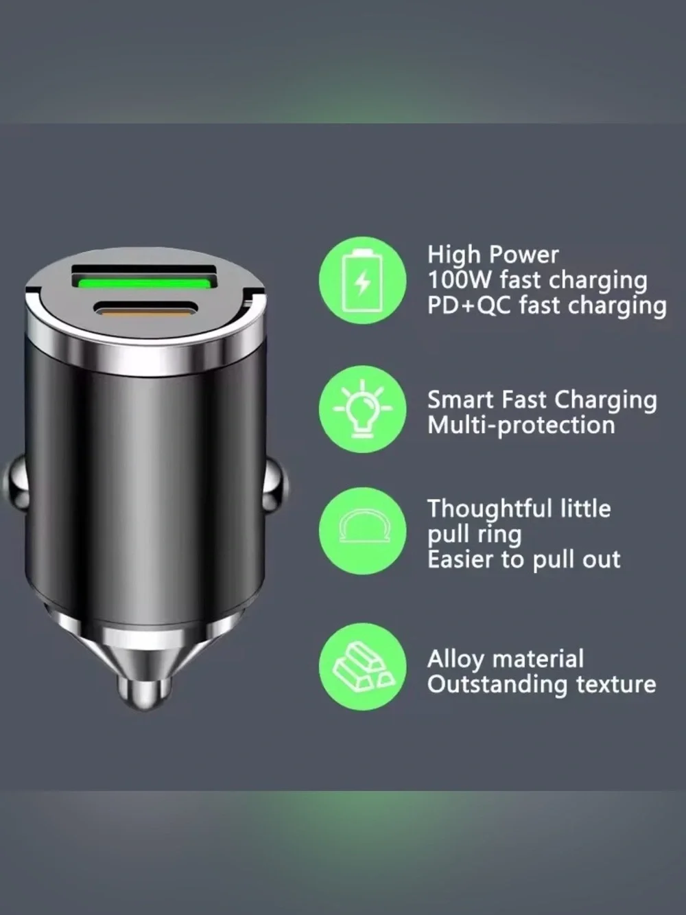 Pull Ring Aluminum Alloy Dual Port USB-C/USB-A PD QC3.0 Car Charger 12V-24V